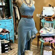 Nana's Women's Clothing Store NostaNoir Vestido de mezclilla con escote en V asimétrico y tirantes finos para mujer - Azul - Ver 5