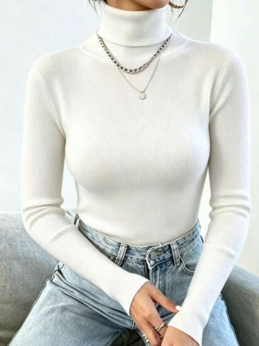 High-Neck Elastic Knit Sweater: Warm And Thin For Layering In Cold Weather - White - View 1