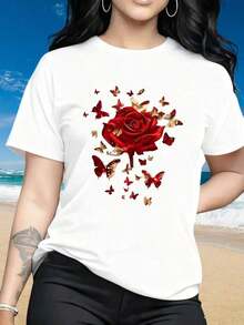 Camisetas gráficas Manga Corta para mujer, camiseta de manga corta con cuello redondo para mujer, diseño de rosas rojas y mariposas, camiseta negra de moda con estampado gráfico, ropa de playa de verano, estampados divertidos adecuados para el Día de San Valentín, Navidad, fiestas, actividades deportivas, vacaciones, salidas, deportes y otros regalos festivos (220g). TopsVintage - Blanco - Ver 4