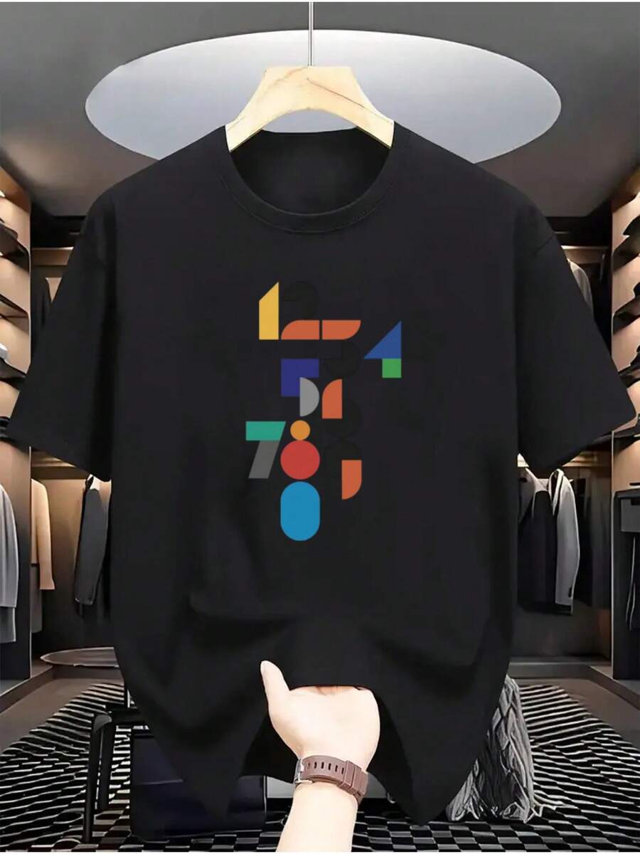 Men's Short-Sleeved T-Shirt With Round Neck, Digital Panel Print, 100% Pure Micro-Elastic Fabric, Casual And Comfortable Fashion, An Ideal Gift Choice! - 黑色 - 查看 1