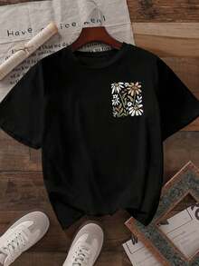 Camiseta de manga corta negra para mujer Howell All-Match Fashion, estampado floral y de margaritas dibujado a mano, casual y fresca, 100% algodón. - Negro - Ver 2