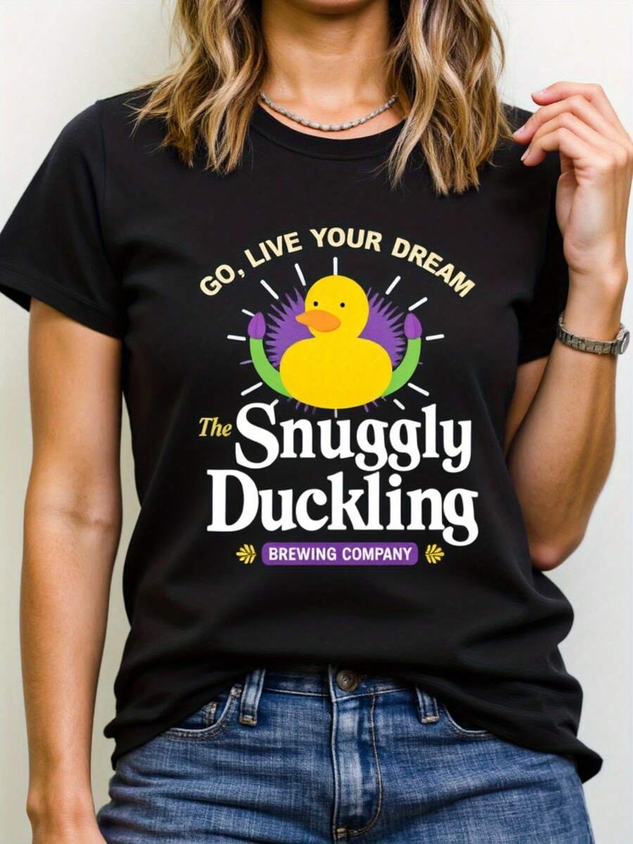 Camiseta unisex casual de manga corta - Estampado de Equipo de Rescate de Patos Lindos y Vive el Sueño, diseño de cuello redondo suave, adecuada para fiestas, eventos temáticos, uso diario y conjuntos de primavera/otoño (lavable aáquina) - Camiseta unisex de algodón suelto de manga corta y cuello redondo estilo vintage urbano. - Negro - Ver 1