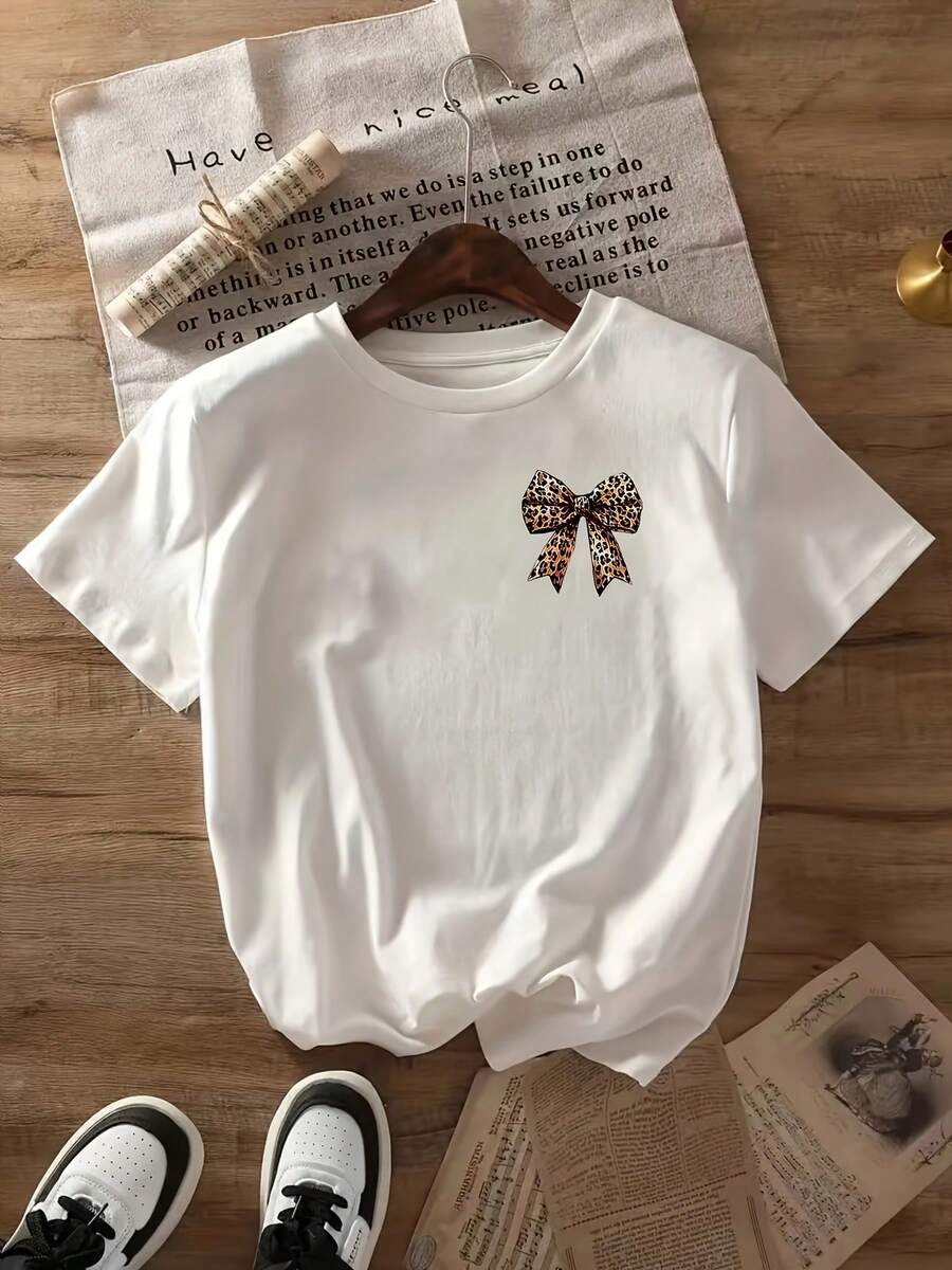 Camiseta de Mujer con Estampado de Leopardo y Lazo - Manga Corta, Cuello Redondo, Top Casual Negro de Verano - Blanco - Ver 1