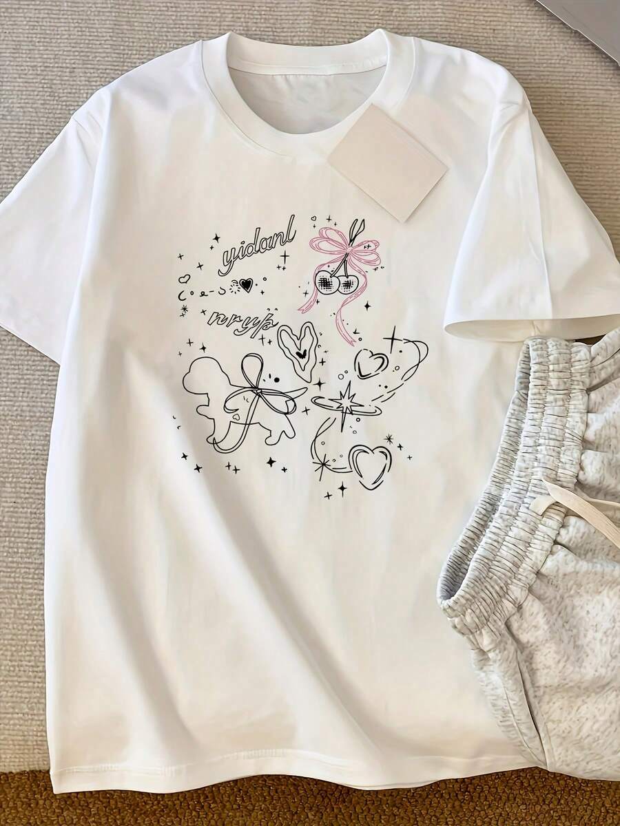 Top de manga corta de algodón puro, pintado a mano y estampado, de estilo minimalista europeo y americano, para chicas modernas, con diseño de hombros regulares para el verano, blusas de manga corta informales de uso diario para mujer. - Blanco - Ver 1