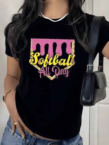 All-Day Softball Graphic Print T-Shirt, 180g, 1 Piece, Sports Theme, Casual For Women, 100% Cotton, Summer Streetwear - 黑色 - 查看 9