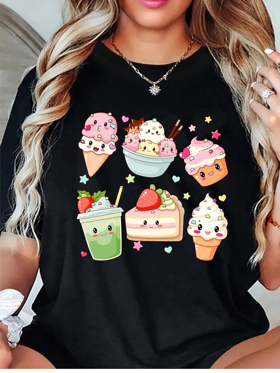 1 pieza Nueva Camiseta de Cuello Redondo de Primavera/Verano - Camiseta de Cuello Redondo con Estampado de Dibujos Animados de Postres para Ropa de Otoño de Mujer, Adecuada para Deportes de, Moderna, Elegante y Divertida. Cómoda, Suave, Transpirable, Calidez al Aire Libre, Resistencia alDaily Casual Round Neck Short Sleeve-Shirt Women - Negro - Ver 1