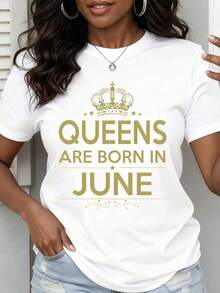 Camiseta "Las Reinas Nacen En Junio" Para Mujer, Estampado de Corona Dorada, Regalo de Cumpleaños Para Nacidos en Junio, Camiseta Blanca Casual, Estilo Vintage Urbano, Unisex, Holgada, de Algodón, Manga Corta, Cuello Redondo, 100% Algodón - Blanco - Ver 1