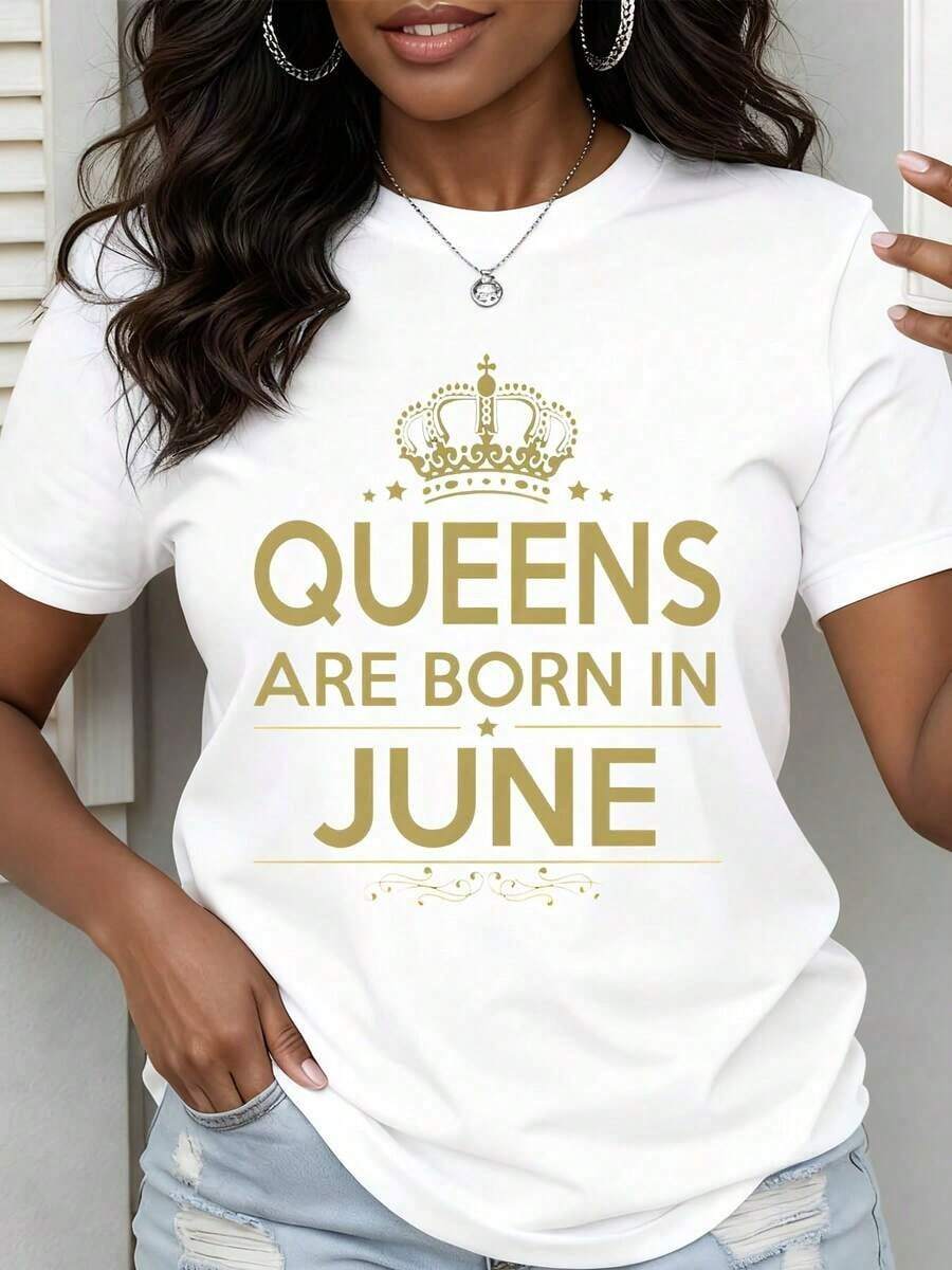 Camiseta "Las Reinas Nacen En Junio" Para Mujer, Estampado de Corona Dorada, Regalo de Cumpleaños Para Nacidos en Junio, Camiseta Blanca Casual, Estilo Vintage Urbano, Unisex, Holgada, de Algodón, Manga Corta, Cuello Redondo, 100% Algodón - Blanco - Ver 1