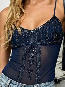 Vintage Y2K Beaded Mesh Cami Top Women Spaghetti Strap Party Outfits - Blue - View 5