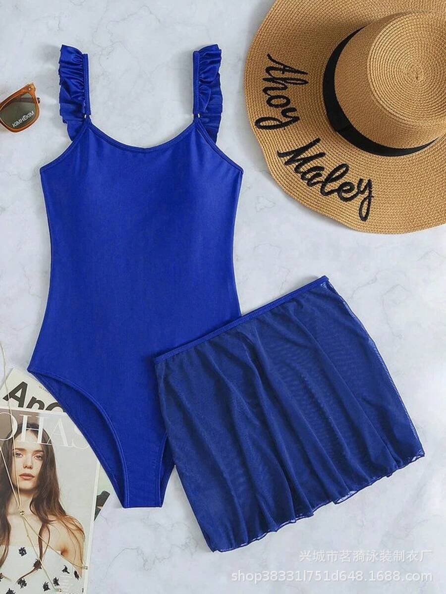 Nuevo y elegante traje de baño de una pieza multicolor y sexy, estilo BIKINI de tres piezas. - Azul oscuro - Ver 1