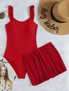 Nuevo y elegante traje de baño de una pieza multicolor y sexy, estilo BIKINI de tres piezas. - Rojo - Ver 12