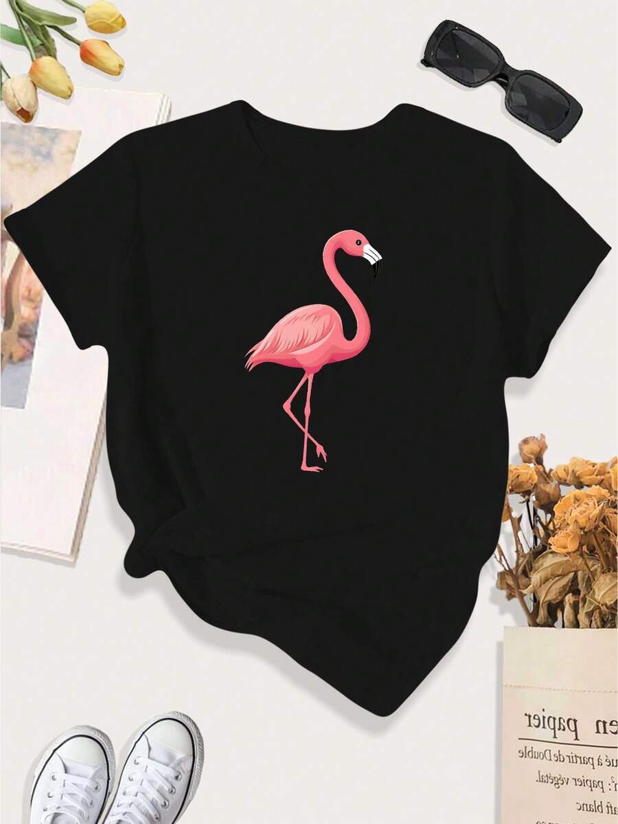 Women's Minimalist Style T-Shirt With Artistic Pink Flamingo Print, Plus Size Casual Sports T-Shirt For Women. - 黑色 - 查看 1