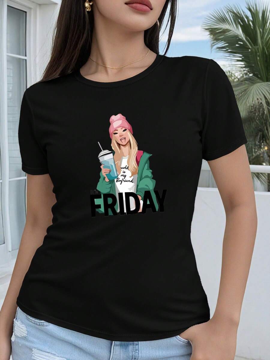 Camiseta de mujer, estilo regular de manga corta - diseño geométrico 2D de una chica de dibujos animados sosteniendo una bebida con el texto "Es VIENTEO" impreso, top casual de manga corta y cuello redondo adecuado para todas las estaciones, disponible en varios colores y tallas, moda de vacaciones, estética retro, material transpirable, estampado divertido. - Negro - Ver 1