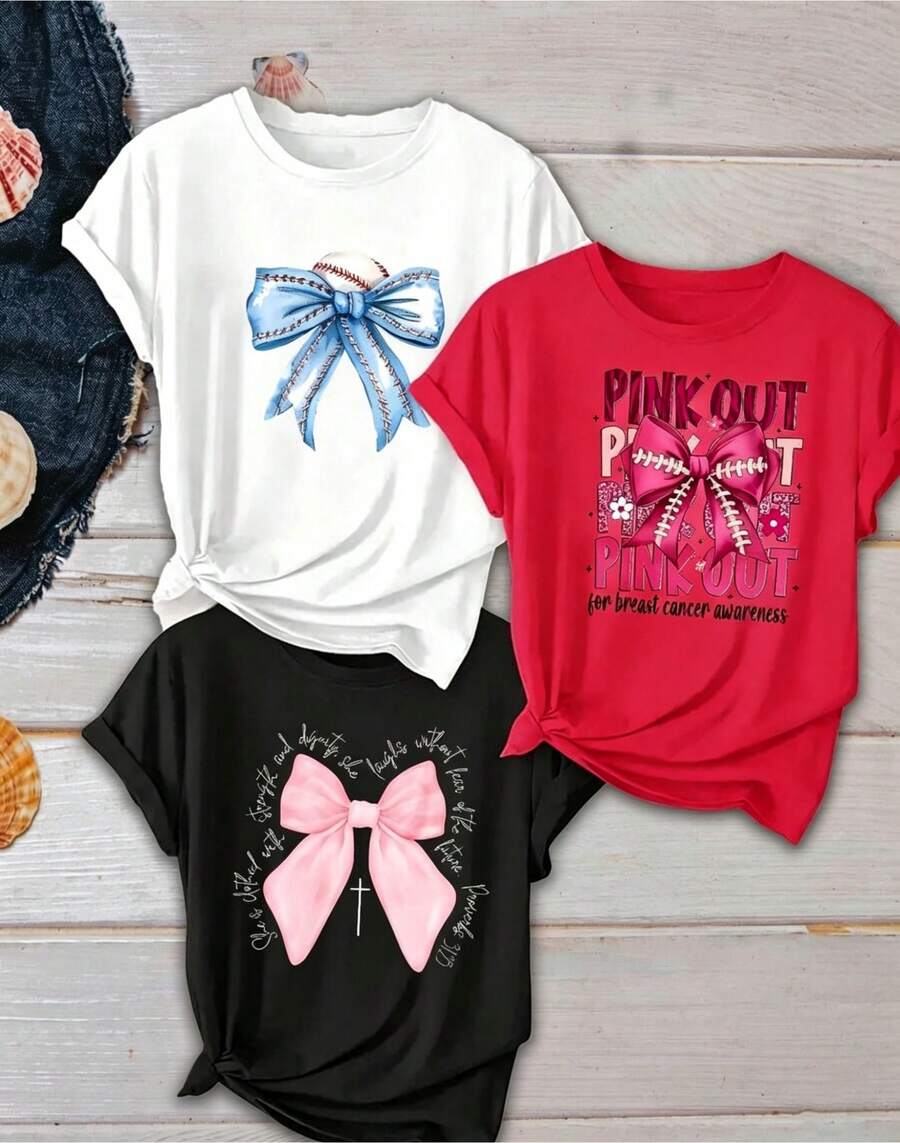 Nuevo modelo : Camiseta casual de manga corta para mujer 3 piezas/set de camisetas de manga suitable for streetwear, Top oversized cuello redondo daily outings, camping, concerts, hip-hop, rock, and rap events de lazo rosa estampado, cuello redondo, 100% algodón, transpirable, top deportivo casual, regalo para vacaciones. - Blanco - Ver 1