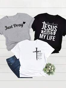 Women's T-Shirt Set, 3-Piece Set Of Short-Sleeve T-Shirts Suitable For Streetwear, Oversized Round Neck Top For Daily Outings, Camping, Concerts, Hip-Hop, Rock, And Rap Events. Black, White, Gray, Casual Short-Sleeve Set, Popular Fashion, Round Neck, Short Sleeve, Casual And Comfortable, Spring/Summer Clothing For Women. - 黑色 - 查看 8