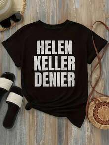 Camiseta de Mujer Casual de Cuello Redondo y Manga Corta, Opciones en Blanco, Camiseta Gráfica con Estampado HELEN KELLER DENIER, Camisetas de Uso Diario de Verano, Tops de Verano, Camisetas Gráficas, Conjuntos de Verano, Camisetas Cortas de Mujer, Tops de Mujer, Ropa Vintage de Algodón, Ropa Bonita para Mujer, Playeras de Mujer - Negro - Ver 2
