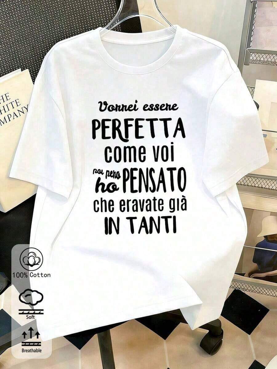 1 Piece Women's Short Sleeve T-Shirt, 100% Cotton, With Fun Italian Slogan, Suitable For Spring/Summer And All Year Round, Women's Sportswear, Soft And Breathable White T-Shirt, For Holidays, 180g, 100% Cotton, Festival Clothing, Women's T-Shirts - 白色 7 - 查看 1