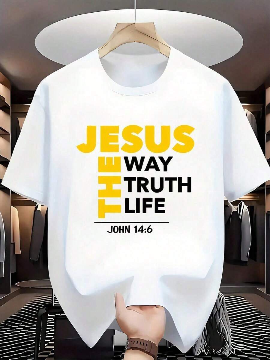 1 camiseta gráfica cristiana para hombre "El camino, la verdad, la vida" |       Diseño de versículo bíblico de Juan 14:6 con impresión amarilla |       Camiseta de cuello redondo 100% algodón, suave y transpirable |       Ropa con Mensajes de Fe Audaces para Eventos Religiosos y Uso Casual |       Camiseta 100% Algodón Lavable a Máquina 180g Algodón 100% - Blanco - Ver 1
