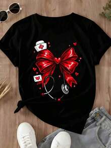 Camiseta de Enfermera para Mujer con Estampado de Lazo Rojo y Estetoscopio para Uso Casual en Primavera Verano - Negro - Ver 2