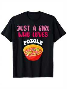 Camiseta estampada de manga corta y cuello redondo de algodón negro de 180 g para mujer: "Just A Girl Who Loves Pozole".Divertida camiseta estampada para amantes de la comida, ideal para looks casuales y diarios, en material suave y transpirable. - Negro - Ver 7