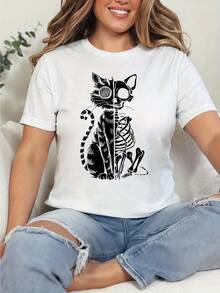 Camiseta de impresión de gato y esqueleto gótico para mujeres, cuello de tripulación casual, manga corta, 95% poliéster 5% elastano, tejido de punto de 170gsm, todas las estaciones, largo regular - Negro - Blanco - Ver 6
