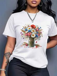 Cuello Redondo Talla Grande - Camiseta con Estampado de Ramo para Mujer - Tallas Grandes 0XL-5XL, camiseta suave y transpirable para uso diario, disponible en rosa, azul, amarillo, verde, beige - Camisa casual para todas las estaciones, camiseta de mujer, cómoda para el verano, camiseta de corte holgado, tela cómoda, top de manga corta, prenda esencial para el guardarropa de verano, top de cuello redondo, material ligero, blusa casual de talla grande para mujer. - Negro - Ver 6