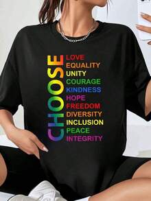 Choose Love, Equality, Unity, Courage, Kindness, Hope, Freedom, Diversity, Inclusion, Peace, Integrity, Pride. Rainbow T-Shirt For Women And Men, LGBTQ, Plus Size, Casual Wear, Pride Month Gift. Loose Fit T-Shirt For Women - 黑色 - 查看 7