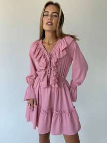Vestido blanco cuello en V con pliegues mangas abullonadas y volantes - Rosa - Ver 3