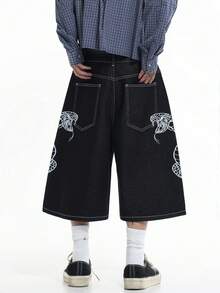 1 buah Celana Pendek Denim Hitam Kasual Longgar Gaya Streetwear Korea Justice Brother dengan Cetakan Personalisasi, Desain Sederhana (Sabuk dan Aksesoris Tidak Termasuk) - Hitam - View 2