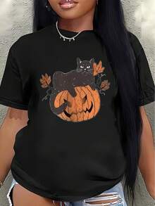 This Lightweight And Durable Short-Sleeved T-Shirt, Featuring A Halloween Pumpkin And Cat Design, Is Perfect For Casual Wear At Home Or As A Party Outfit, Making It An Ideal Choice For Autumn Celebrations And Costume Parties. - 黑色 - 查看 7