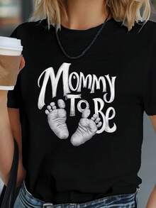 Camisetas de Algodón Oversize de Moda para Mujer 2026 footprints Mommy TO BE Camiseta Cómoda para Mujer Suave y Acogedora para Uso Diario Top de Manga Corta - Negro - Ver 7