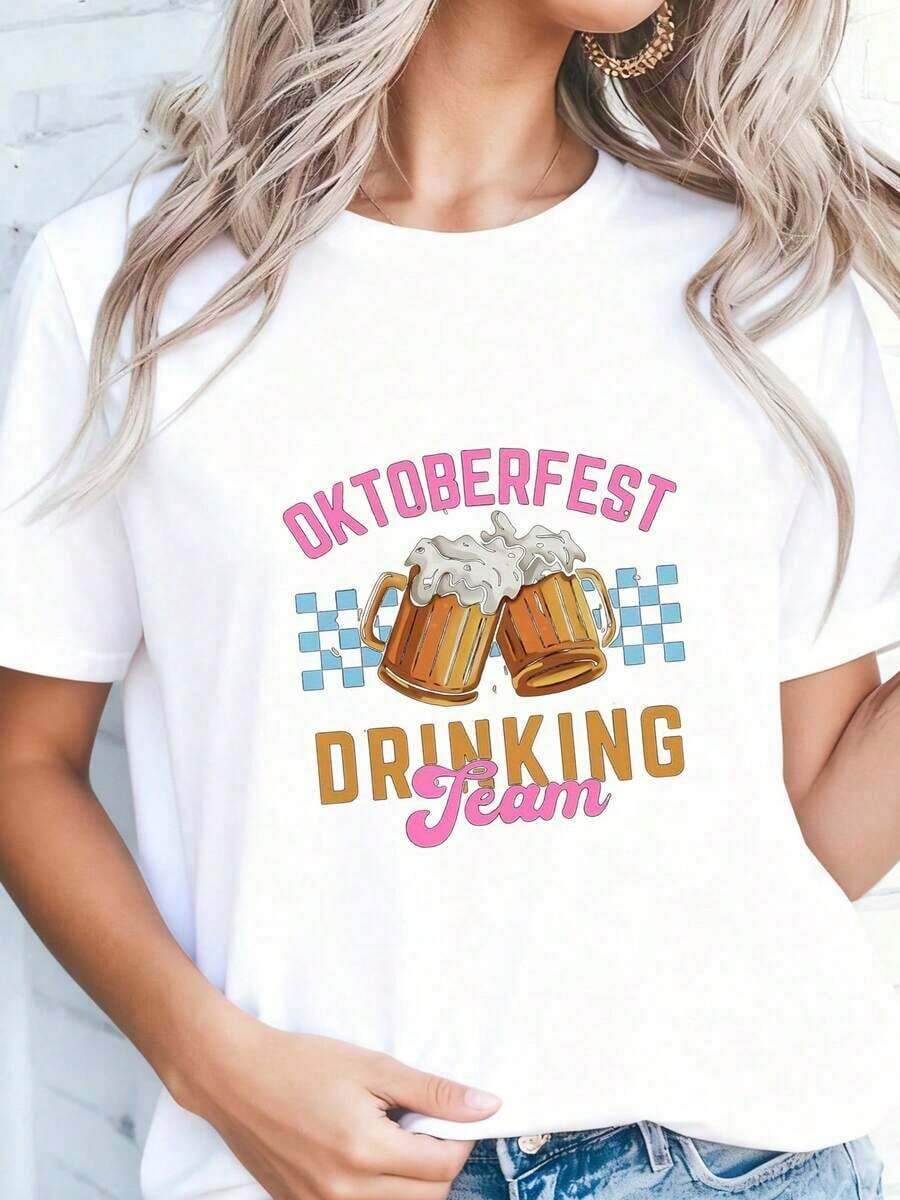 1 camiseta gráfica de Oktoberfest para mujer (tallas S-2XL) - Camiseta negra 100% de manga corta con cuello redondo, con diseño de jarra de cerveza colorida y texto en alemán, atuendo divertido para fiestas de Oktoberfest para amantes de la cerveza, informal, 180g, 100% algodón. - Blanco 1 - Ver 1