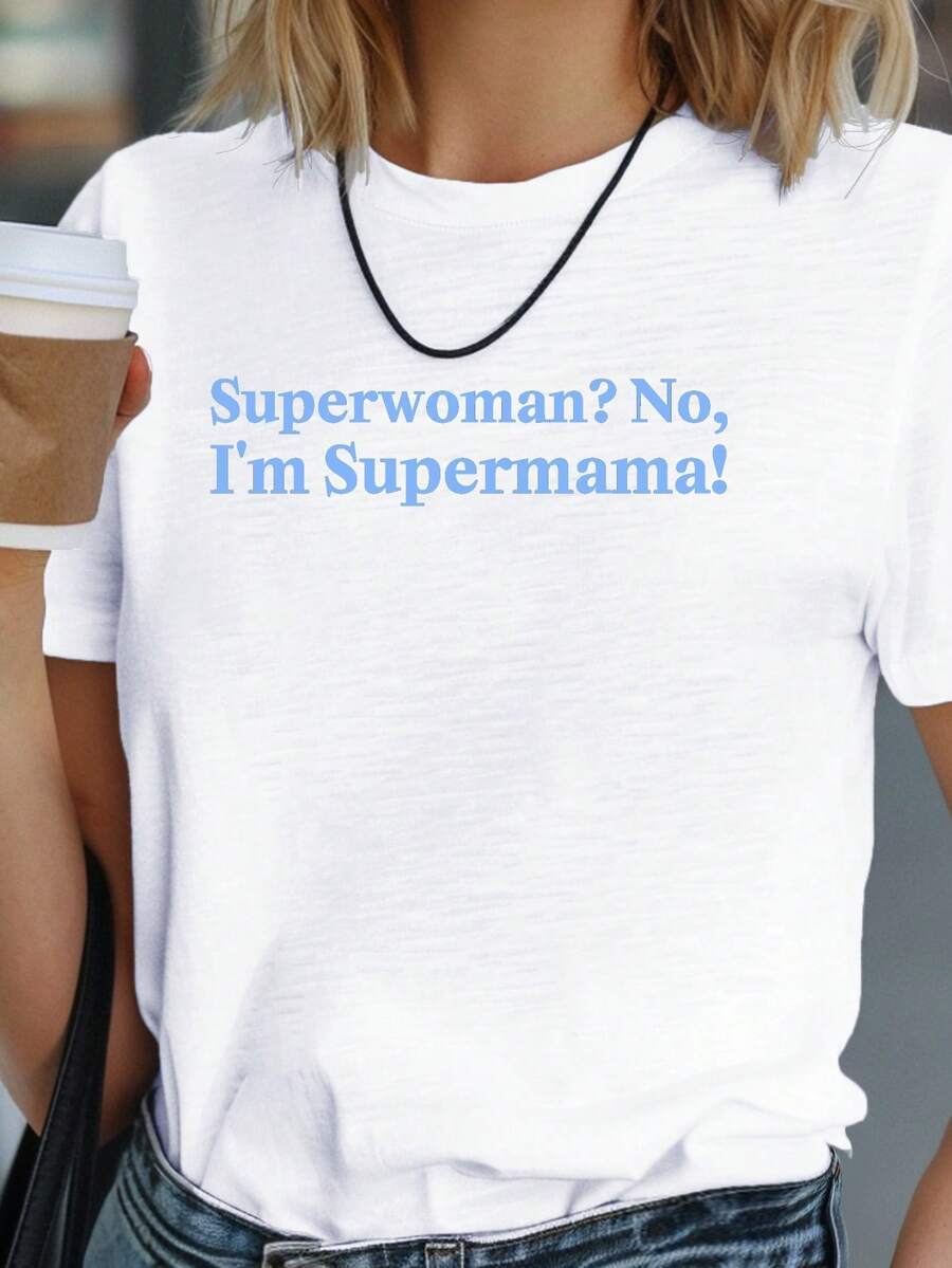 Women's Oversized Cotton T-Shirts, 2026 Fashion, Super Mom, Not A Super, Comfortable Women's T-Shirt, Soft And Cozy, For Everyday Wear, Short Sleeve - 白色 - 查看 1