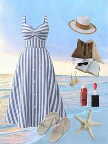 XHEGlowEve Vestido camisero midi de mujer con estilo, de tela tejida, de rayas azules y blancas, con vuelo, informal y de veranoXHE - Azul y blanco - Ver 3