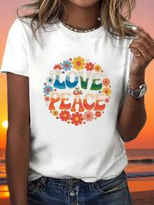 Camiseta de mujer estilo hippie con estampado LOVE & PEACE, de manga corta y corte oversize - Top casual de manga corta y cuello redondo, con diseños florales brillantes y símbolos de paz, elasticidad media, tela lavable a máquina, adecuada para uso diario en primavera y verano, material opaco, estilo vintage, 100% algodón. - Blanco - Ver 3
