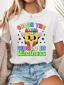 2026 Nuevos productos de gran : camiseta de algodón de cuello redondo para mujer, camiseta con diseño de lápiz de colores "Vuelve al cole" para maestras, es una opción ideal para el uso diario informal. Versátil y práctico, irradia un temperamento natural y elegante y es un artículo imprescindible para las fiestas de verano. - Blanco - Ver 6