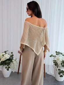 2026 Women's Bohemian Style Elegant Holiday Shawl, Off-Shoulder Loose Knit Sweater With Asymmetrical Hem, Lightweight Sun Protection Top - 杏 - 查看 3