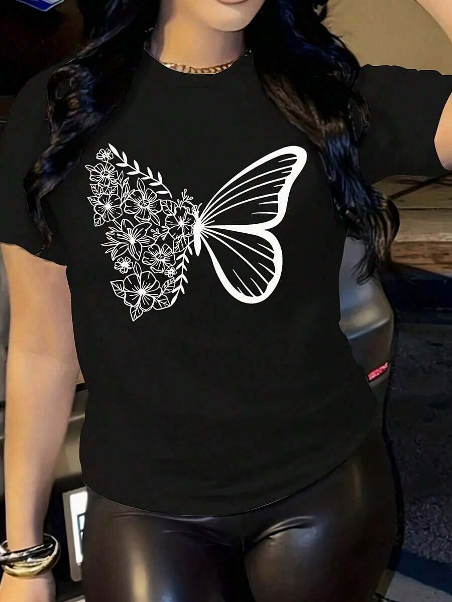 1 Piece Of Butterfly Print Crew Neck T-Shirt - Women's  Graphic Print T-Shirt - Casual Short Sleeve Crew Neck T-Shirt - Lightweight And Breathable For Spring And Summer Wardrobe - 180g 100% Cotton - 黑色 - 查看 1