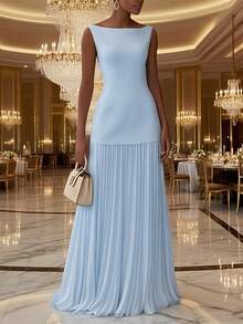 Summer Dresses For WomenWomen'S Solid Color Round Neck Sleeveless Patchwork Pleated Long Dress 2025 French Elegant Dress Temperament Fashionable Date - 藍色 - 查看 2