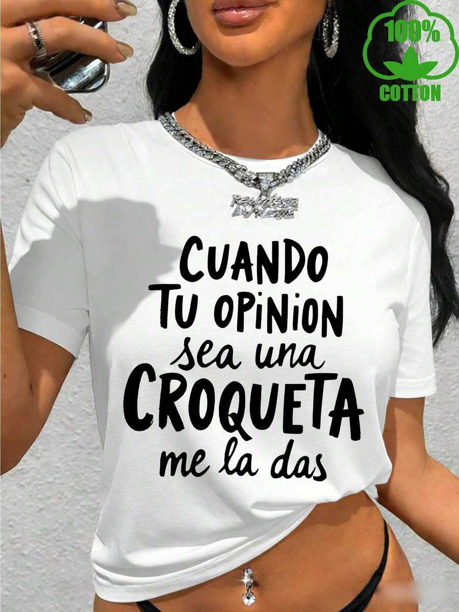 Camiseta pura para mujer "Espera a que tu opinión sea tan firme como una albóndiga antes de decírmela" con estampado en español, ropa con letras de moda, camiseta de manga corta y cuello redondo de punto grueso puro para mujer, moda de , excelente artículo de regalo - [Blanco] - Ver 1
