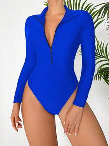 2026 Swim SPRTY Women's Minimalist Solid Color One-Piece Swimsuit With Zipper Closure, Suitable For Spring/Autumn Beach Vacation - 皇家藍 - 查看 10