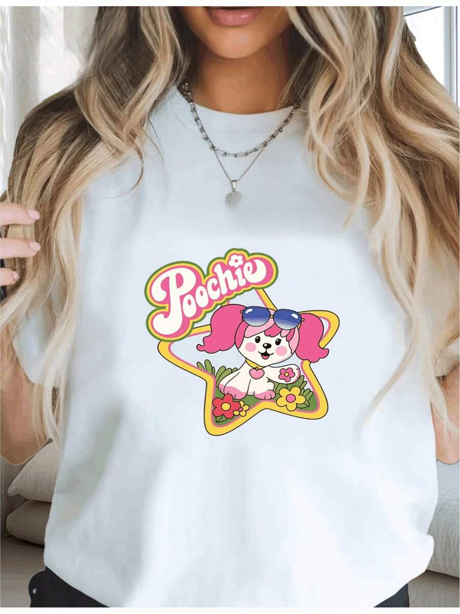Camiseta de manga corta para mujer con estampado de perro de dibujos animados "Local Store Poochie" y cuello redondo, ropa de verano con diseño gráfico - Negro - Ver 1