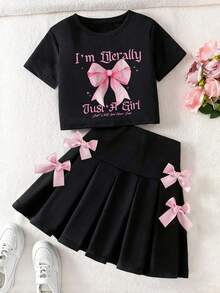 Young Girl Bow Pattern T-Shirt And Bow Decor Pleated Skirt Set - Black - View 1