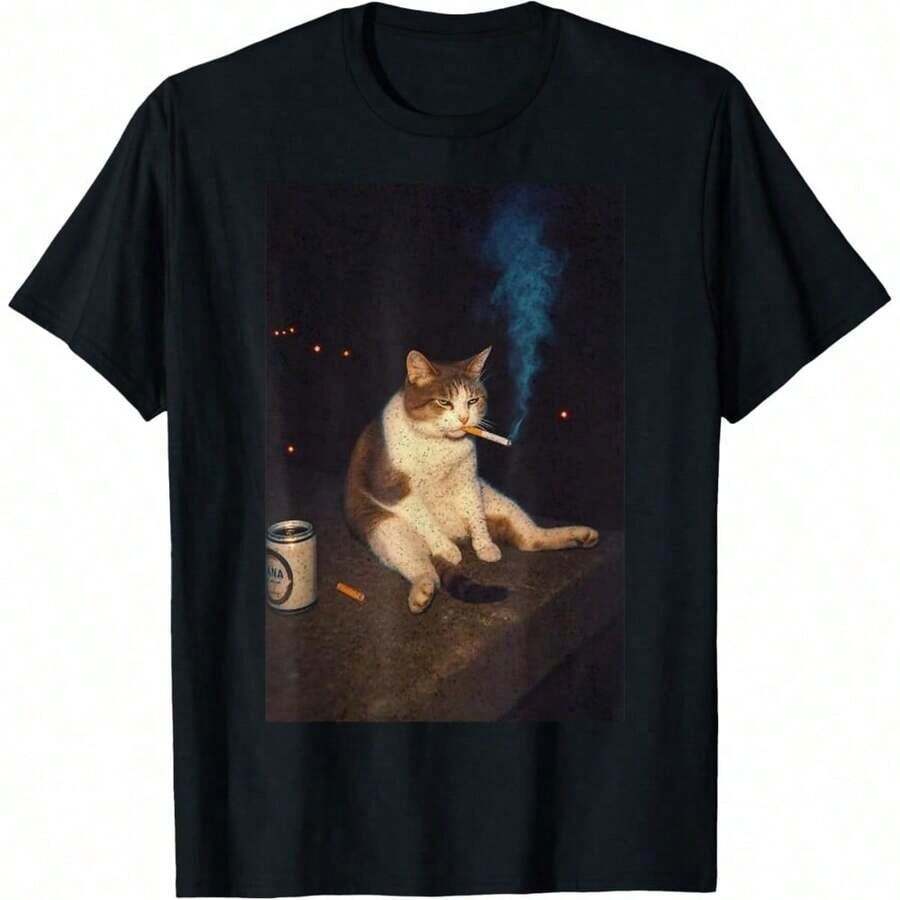 1 Calm Cat Print T-Shirt, High Quality Printed Cotton T-Shirt, Retro Style, Men's T-Shirt, Summer T-Shirt, Beach Essential, Holiday Gift, Perfect Unisex Gift, Soft, Breathable, Comfortable Fabric, Casual And Fashionable Short Sleeve T-Shirt, Perfect For All Seasons. - 黑色 - 查看 1