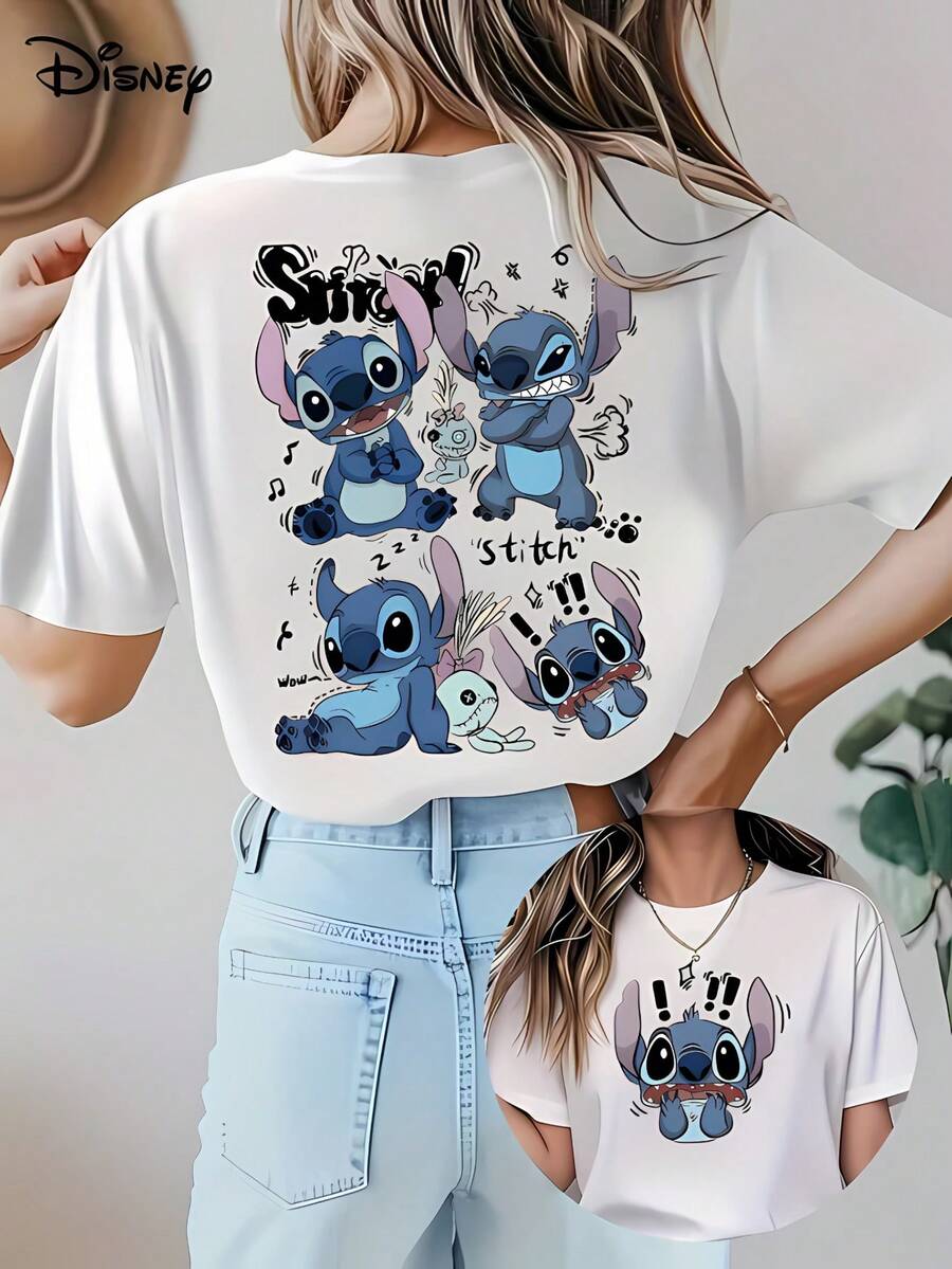 Disney Lilo & Stitch Double-Sided Graphic T-Shirt For Women, Tops De Mujer, Summer Tops For Women, Casual Short Sleeve Tee, Vacation Outfits Women, Cute Multi-Expression Cartoon Print Shirt, Summer Outfits For Women - trắng - Xem 1