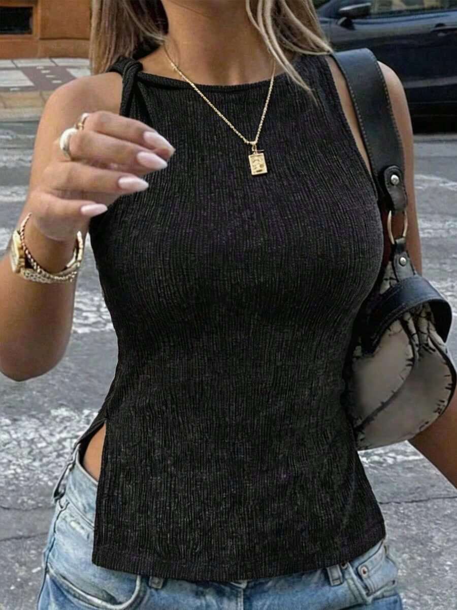 Camiseta de tirantes casual de mujer con cuello redondo y bajo con abertura lateral de unicolor - Negro - Ver 1