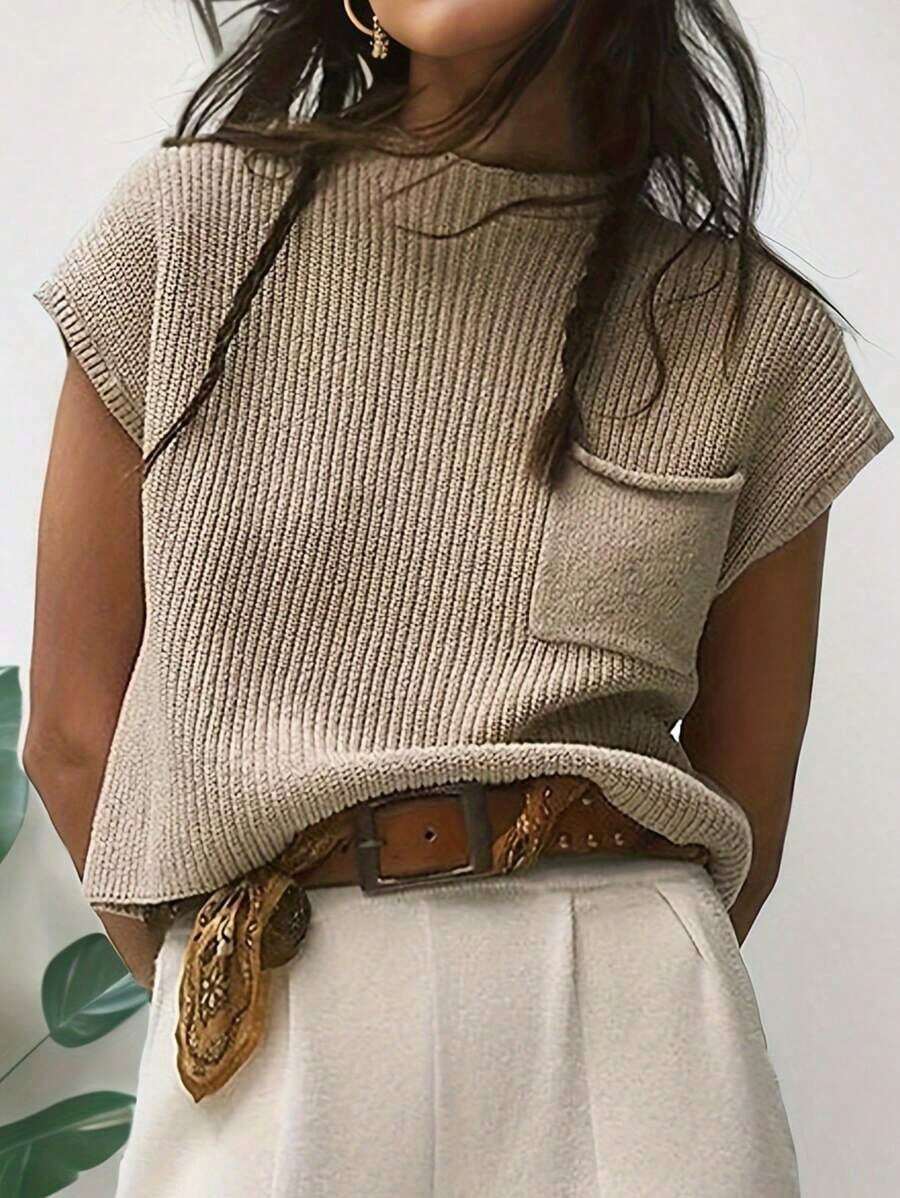 Mujeres Top de punto con manga murciélago en unicolor, parches y bolsillo - Albaricoque - Ver 1