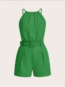 Mono casual de mujer de unicolor con bolsillo, cuello halter y pliegues - Verde - Ver 3
