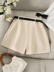 Pantalones con falda asimétrica de moda casual para ir al trabajo, pantalones cortos multifuncionales para mujer, pantalones con falda a juego sin cinturón - Caqui 2 - Ver 2