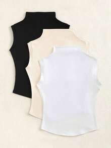 Top sin mangas de unicolor con cuello, uso casual diario para mujer - Multicolor 18 - Ver 2